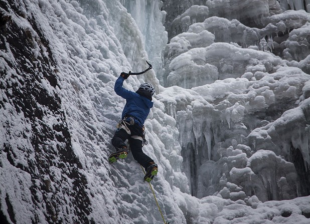 Korra Pesce testing the new Reactors on one of the many icefalls around Pitztal  © UKC Gear