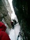 Tim Blakemore (belayed by Rich Bailey) about to tackle the crux of Gully of the Cods, Scottish VII, Vagakallen, Lofoten