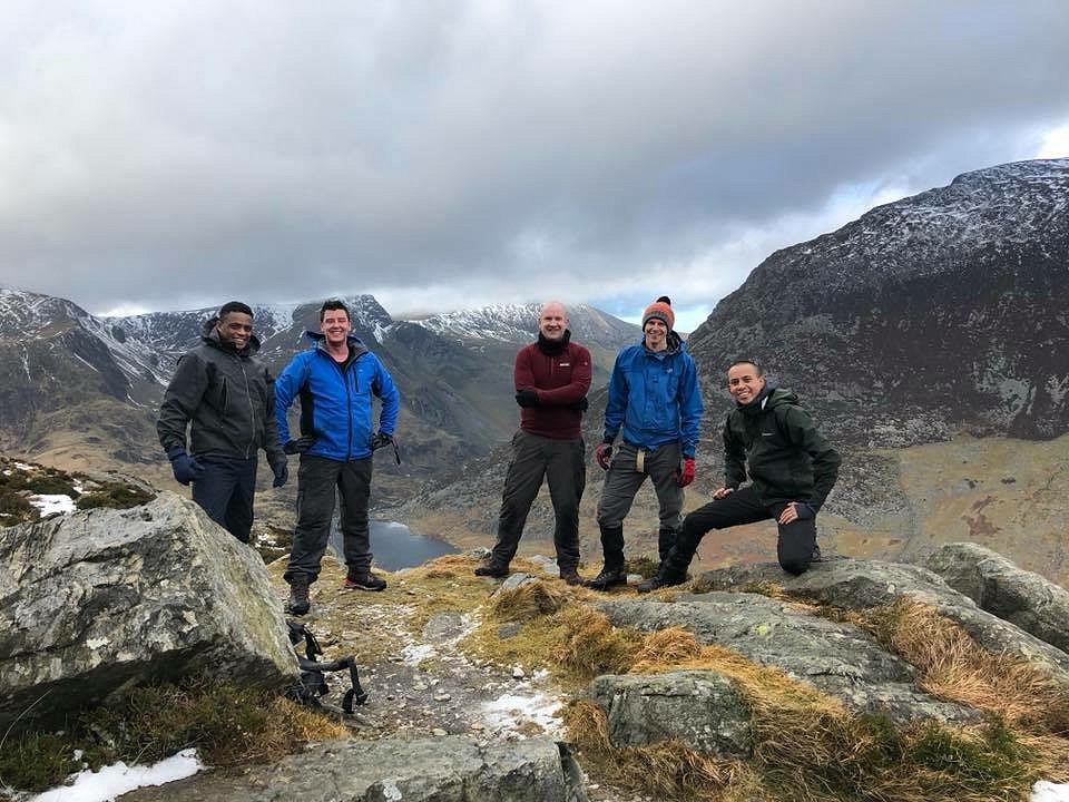 Me (centre) around half way up Tryfan, Feb 2018 with (l-r) Olly, Marc, Rich and Will.  © OnceAYearRob