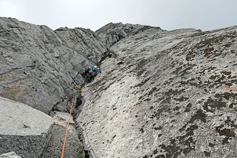 The huge corner two-thirds of the way up the wall which turned in to a wet off width we avoided on the left.  © Will Sim
