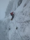 Traverse pitch on North Post, more snow than ice