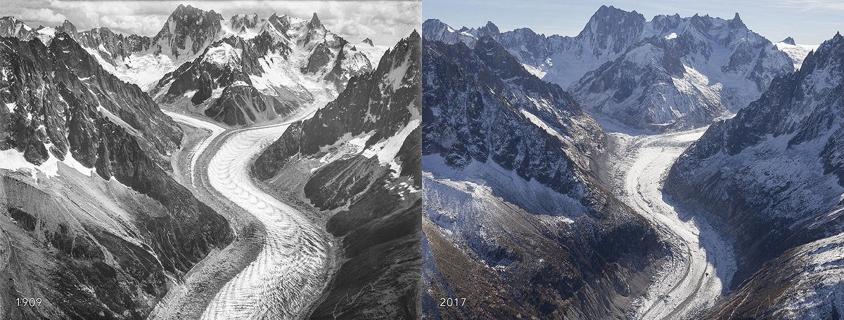 Mer de Glace comparison: 1909 and 2017.  © Eduard Spelterini / Dr Kieran Baxter