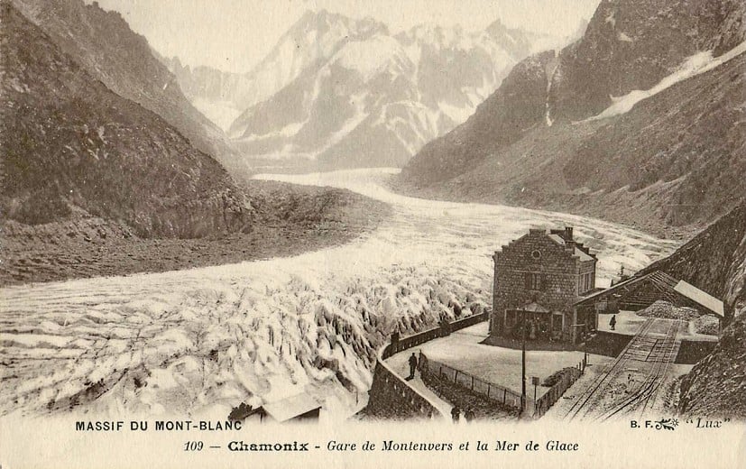 An early 20th C. postcard of the Montenvers railway station directly overlooking a “sea of ice”.  © Public Domain image.