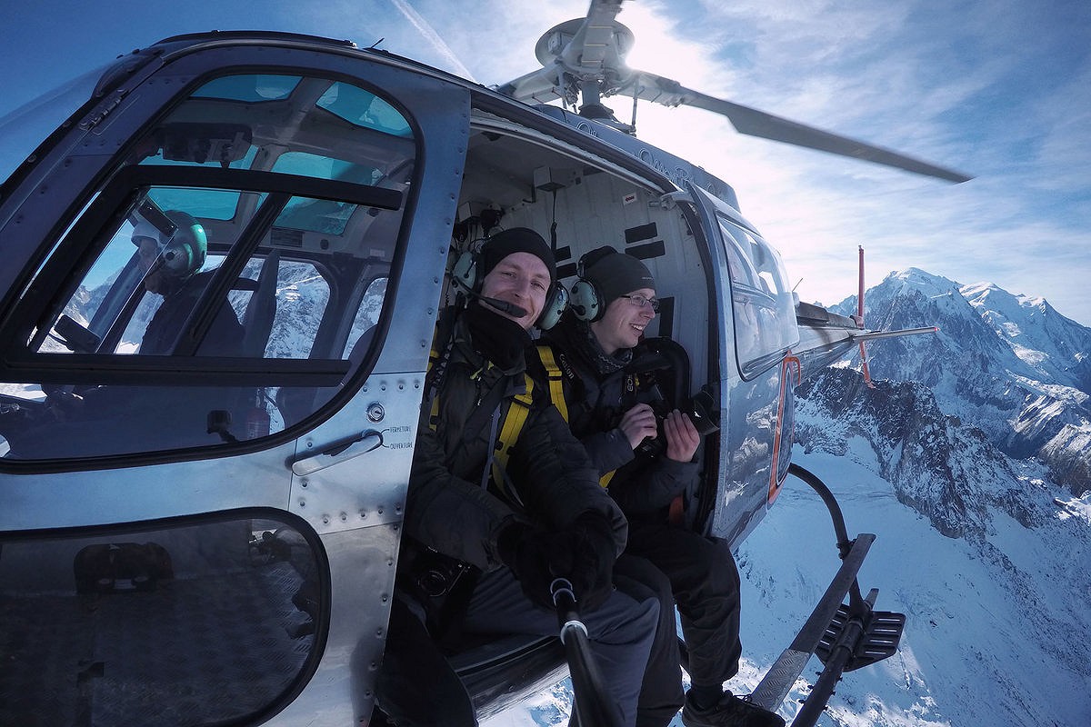 Dr Kieran Baxter and Kieran Duncan on board the helicopter used for the project.  © Kieran Duncan