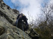 Dave F at the weird crack on Bowderstone Pinnacle Direct Start