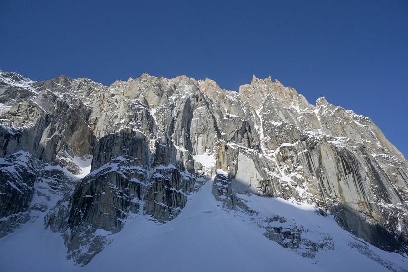 The pair climbed the thin couloir streaks just left of centre. To the right of the large grey rock scar is Hoar of Babylon.  © Tom Livingstone