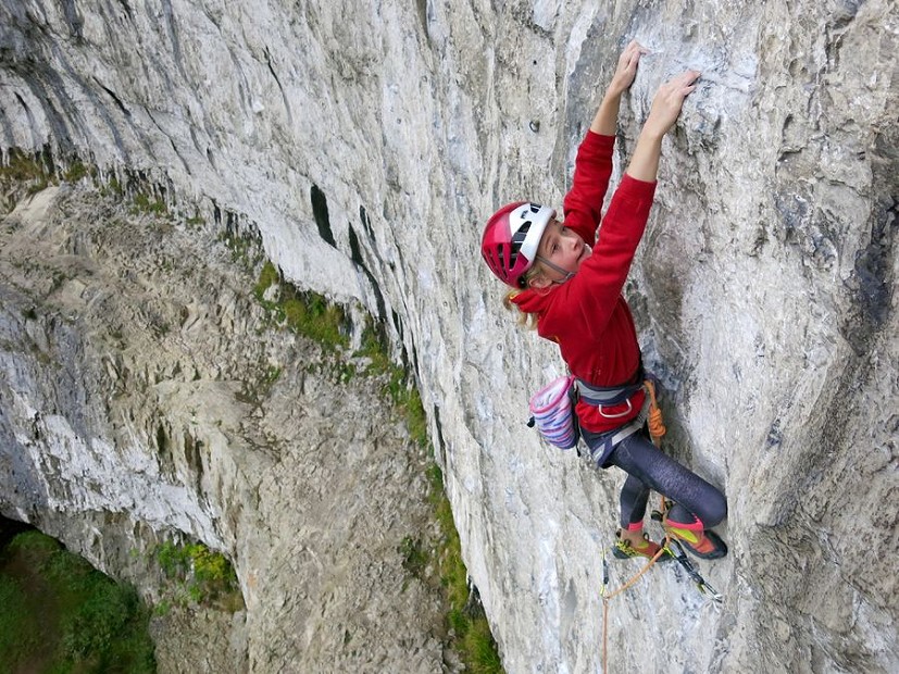 Juniors should seek out softer performance shoes with less tension and avoid aggressive down-turned shoes that are designed for adults. Hannah Toward gets it right on Free and Even Easier 7a+, Malham Cove.  © Neil Gresham