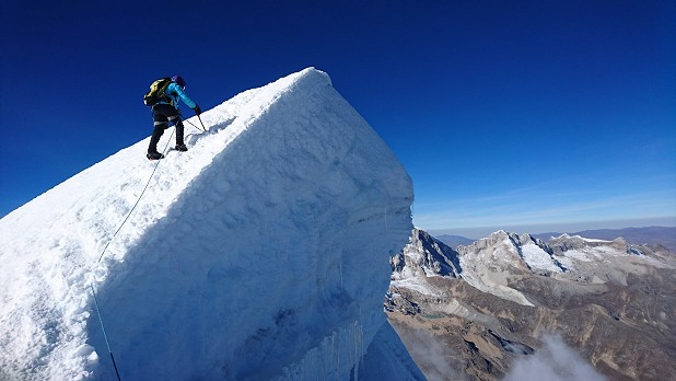 Charlotte Macdonald on the summit of Tocllaraju.  © Tom Skelhon