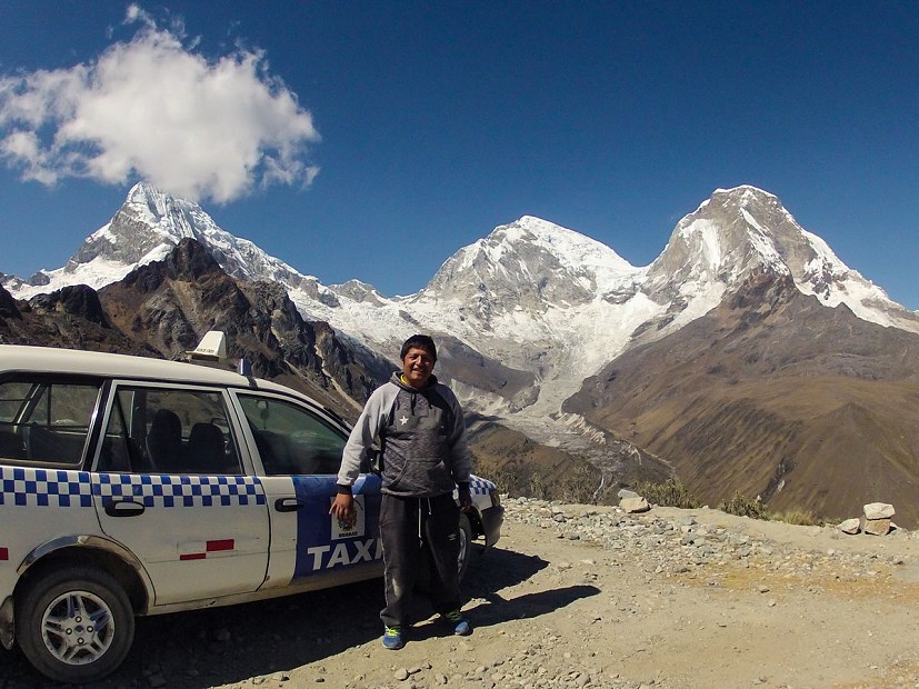 Our awesome taxi driver for the approach to Yannapacha with Huascaran in the background.  © Tom Skelhon