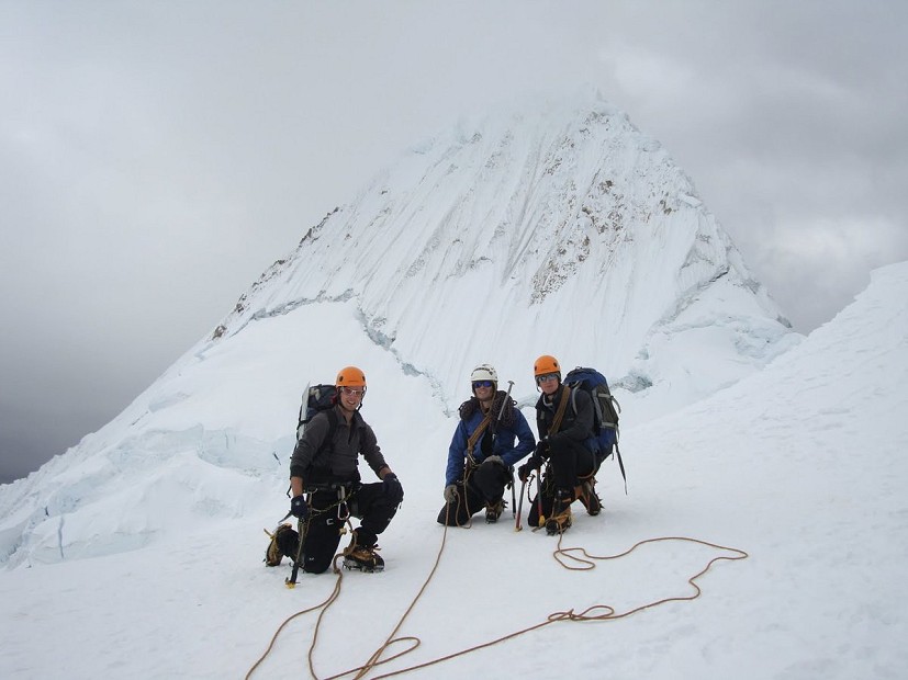 Tim, Chris and Tom after summiting Alpamayo in Scottish conditions.  © Tom Skelhon