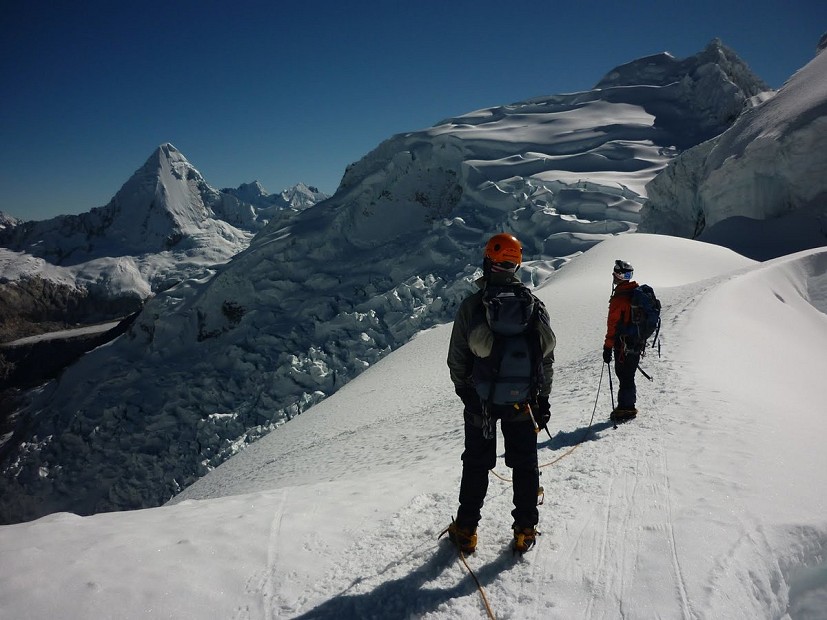 Tim Slater and Tom Skelhon looking at Artesonraju on an ascent of Pisco.  © Tom Skelhon