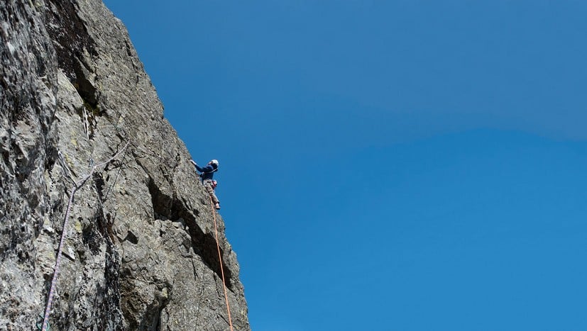 Rob traversing endlessly sideways on Scafell's 'The Lord of the Rings'  © Mark Almack