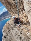 Phil Abseiling out of cave 250+m up. Had to re-read route description on this one!!  Diedro ubsa calpe