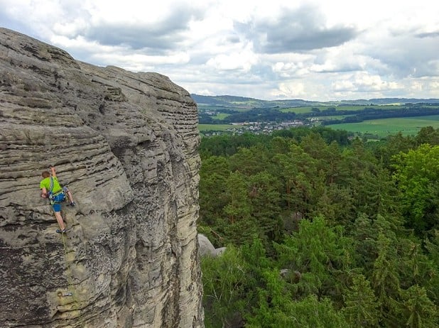 Radim, Ocun's rope designer, showing the way up the Dragon's Tooth tower  © Theo Moore