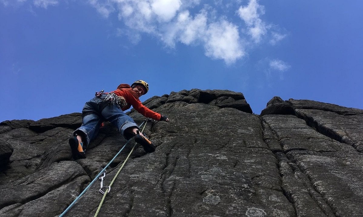 The ROM in action at Stanage - nice active cut and stretchy fabric for climbing  © Toby Archer