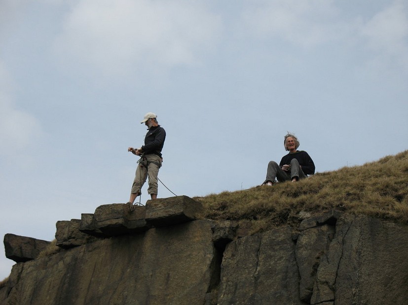 Rab and Martin at the top of Spanner Wall, Running Hill Pits.  © Neil Foster