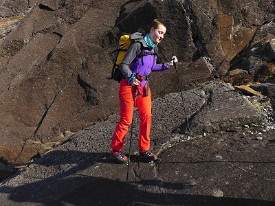 Nikki Sommers wearing the boots on the walk in to Coire Lagan  © Tom Ripley