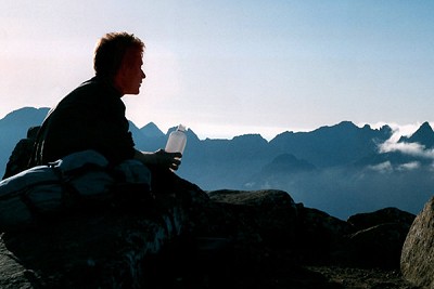 Mike Lates on the summit of Blaven after completing the Greater Cuillin Traverse in a heatwave, September 4, 1993  © Gordon Stainforth