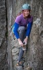 Emma Twyford sneaks along the rest of Right Wall during her awesome ascent of Nightmare yesterday.