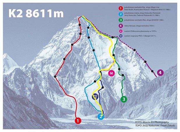 Andrzej's descent line very roughly marked in yellow, by UKC.  © UKC News