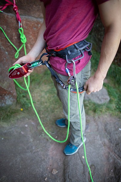 A Traxion below the solo device helps with the weight of the spare rope  © Nick Brown - UKC