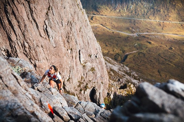Extreme skyraces include sections of technical scrambling (pictured here Emelie Forsberg on Curved Ridge)  © Skyline Scotland