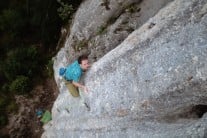 Delicacy required; cautious movement on the insecure upper wall of 'Mastermind' 8a.
