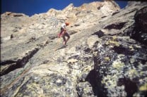 Ian Freebie on our abseil descent back down the route. C early 80's