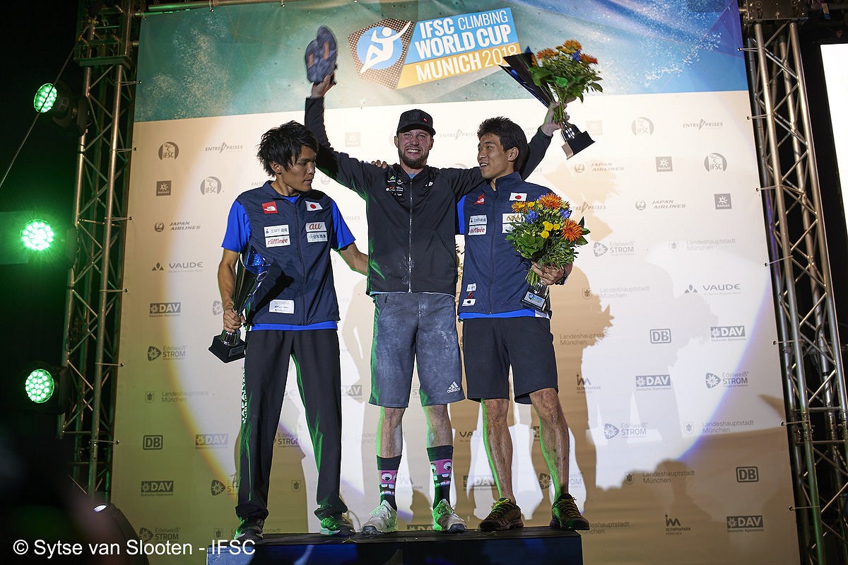Men's overall podium: Narasaki, Kruder, Sugimoto.  © Sytse van Slooten/IFSC
