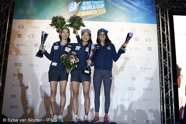 Women's overall podium: Noguchi, Nonaka, Gibert.  © Sytse van Slooten/IFSC