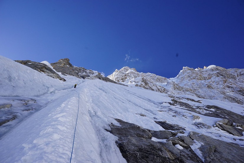 Luka leading on Day 1. A lot of the climbing was moderate ice where we could move together.   © Tom Livingstone