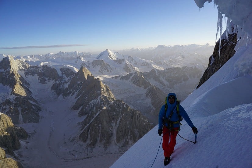 Aleš early on Day 4, mid-way on the traverse to the West Col.  © Tom Livingstone