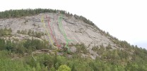 General view of the Skålfjell crag and some routes marked