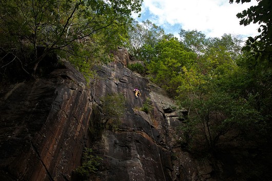 Olly passing the half way point on the enjoyable Rising Sap 6a+**  © WillClarke