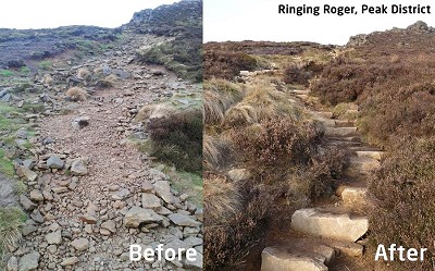 The Ringing Roger path before and after work funded by Mend Our Mountains  © Peter Judd, Peak District National Park Authority