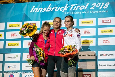 Women's Speed Podium Innsbruck 2018.  © Eddie Fowke/IFSC