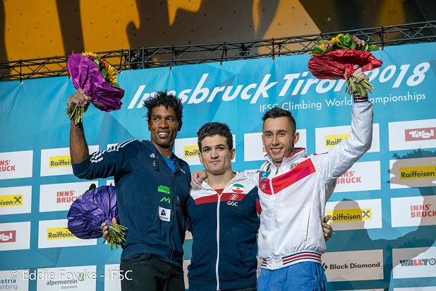 Men's podium in Speed: Innsbruck 2018.  © Eddie Fowke/IFSC