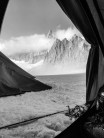 Camping on Col Du Géant, with Dent du Géant towering out of the clouds.