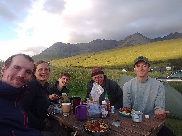 Oli with his Skye support team of Jezabell, Josh, Stu Fisher and Jon in the Glenbrittle campsite.  © Rob Lovell