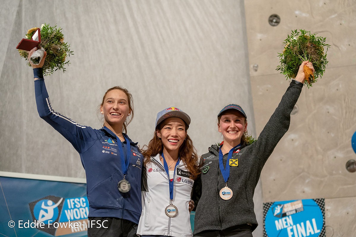 Women's podium: Garnbret, Kim, Schubert.  © IFSC/Eddie Fowke