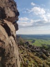 Climbing Sauls crack HVS 5a at the Roaches with Rob