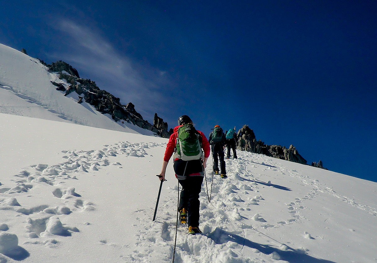 Nell heading out for a day on the Petite Aiguille Verte in the Mammut Ophir Speedfit  © UKC Gear