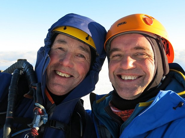 Roger Webb and Simon Richardson celebrate on the summit of Aonach Beag after the first ascent of Time Warp (V,5).  © Simon Richardson