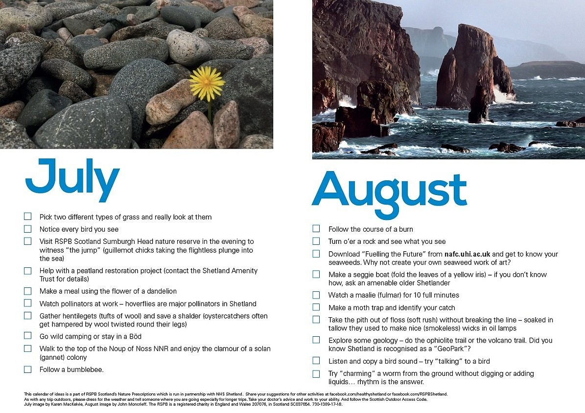 The Nature Prescriptions Calendar has scores of Shetland-inspired suggestions  © RSPB Scotland July: Karen MacKelvie, Aug: John Moncrieff
