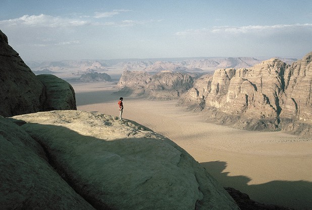 Wadi Rum, seen from Hammad's Route, above the east face of Jebel Rum, Jordan, 1987.  © Tony Howard