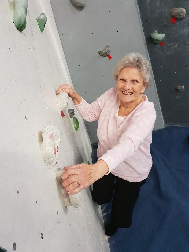 Celia Muraski (Natalie Berry's grandmother) gives climbing a go at 87.  © Natalie Berry