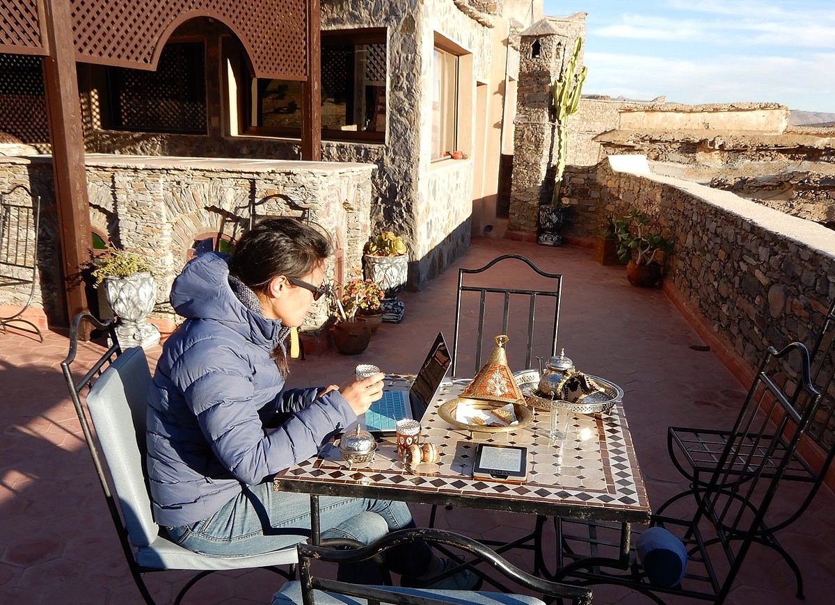 An Arc'teryx everyday 'essentials' jacket is at home writing gear reviews on the windy Kasbah terrace  © UKC Gear