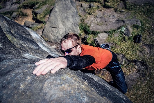 From back in the day. Chris heading up Black Bulge at Stanage, his first time on real rock.  © Marina Kyriacou