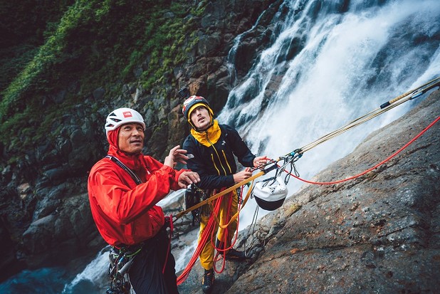 Yuji and James checking out a waterfall on the Sawanabori expedition  © The North Face