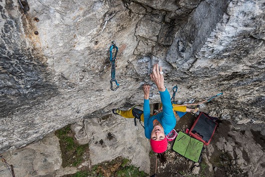 Nat agonisingly close to sticking the crux on Mecca.  © Jonathan Bean